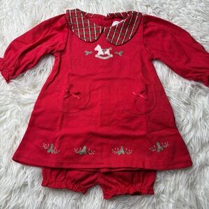 NWOT Red Baby Dress with Plaid Collar and Matching Bloomers